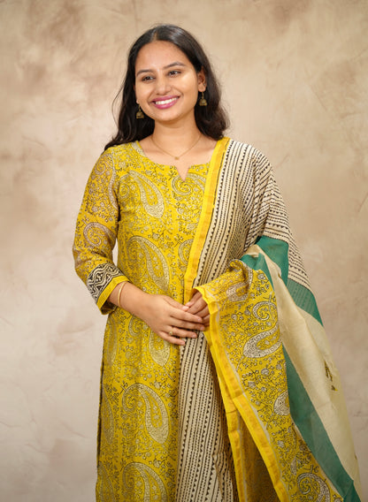 Yellow Handblock printed Pure Chenderi Silk 3 piece suit (stitched) |  Looms & Tassels
