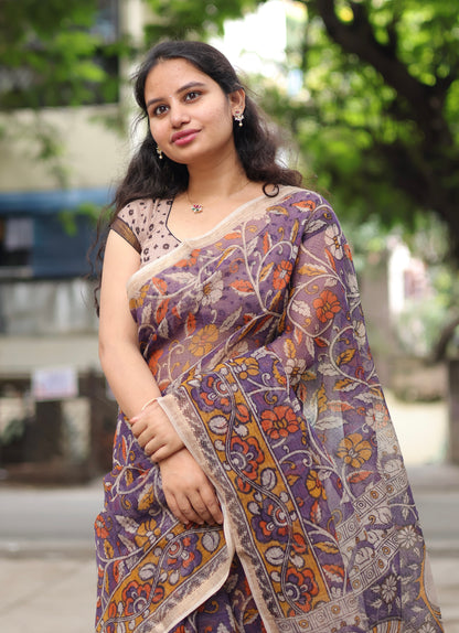 Lavender Kalamkari printed Kota Doriya Saree