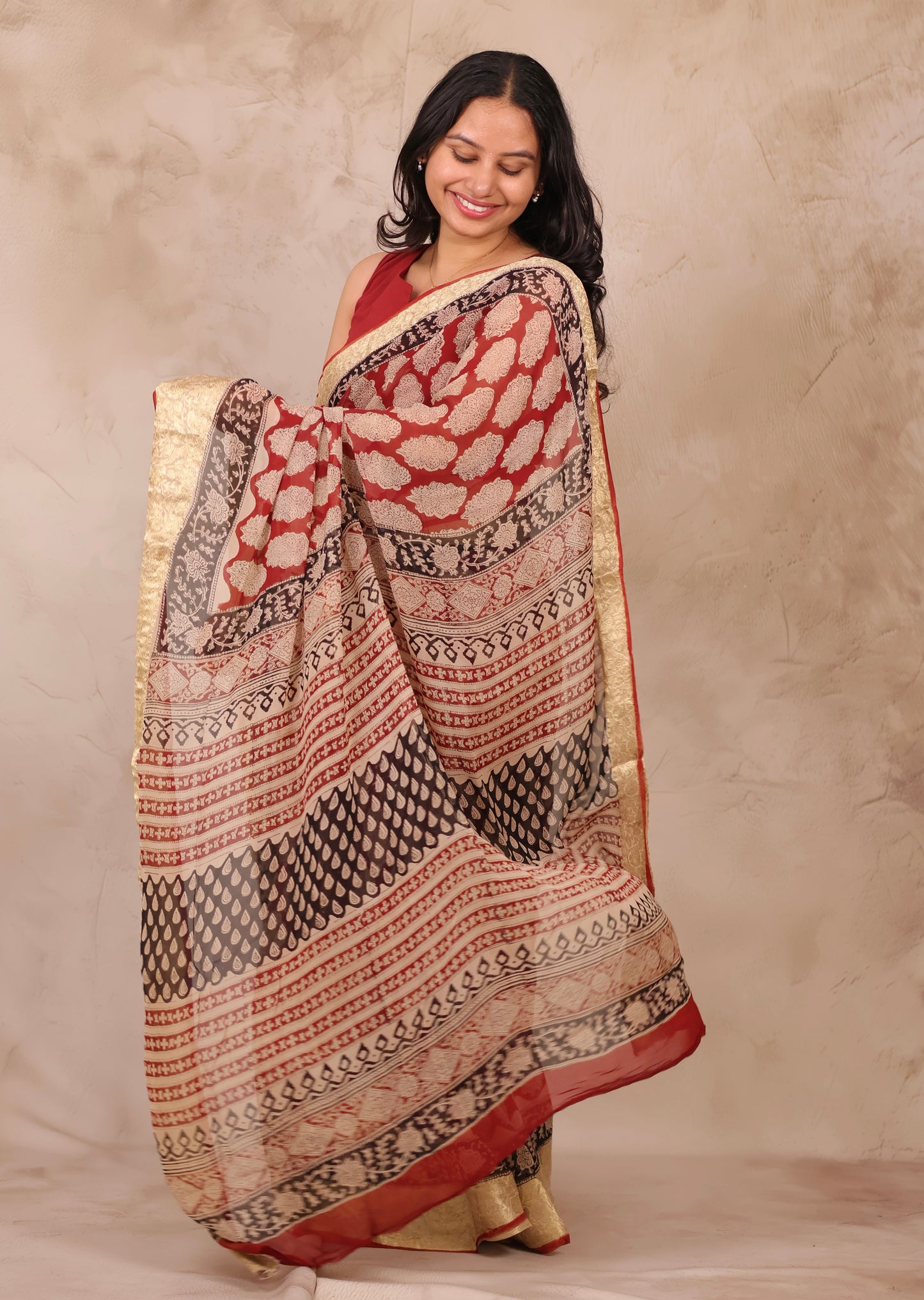 Maroon Chiffon Hand Block Printed Saree with Jari Border | Looms & Tassels