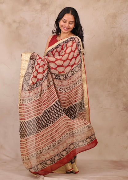 Maroon Chiffon Hand Block Printed Saree with Jari Border | Looms & Tassels