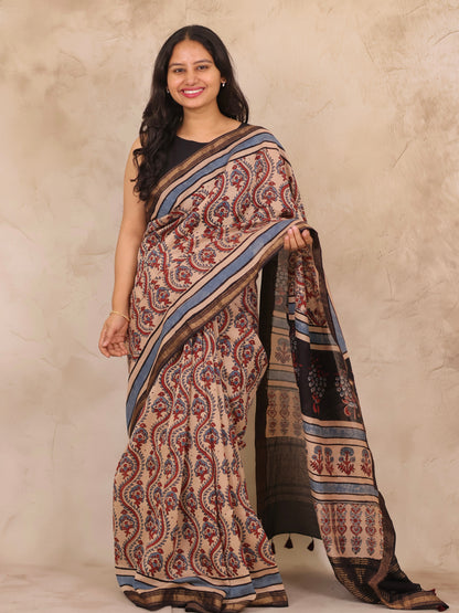 Maheswari Silk Cotton Ajrakh Handblock Printed Saree | Looms & Tassels