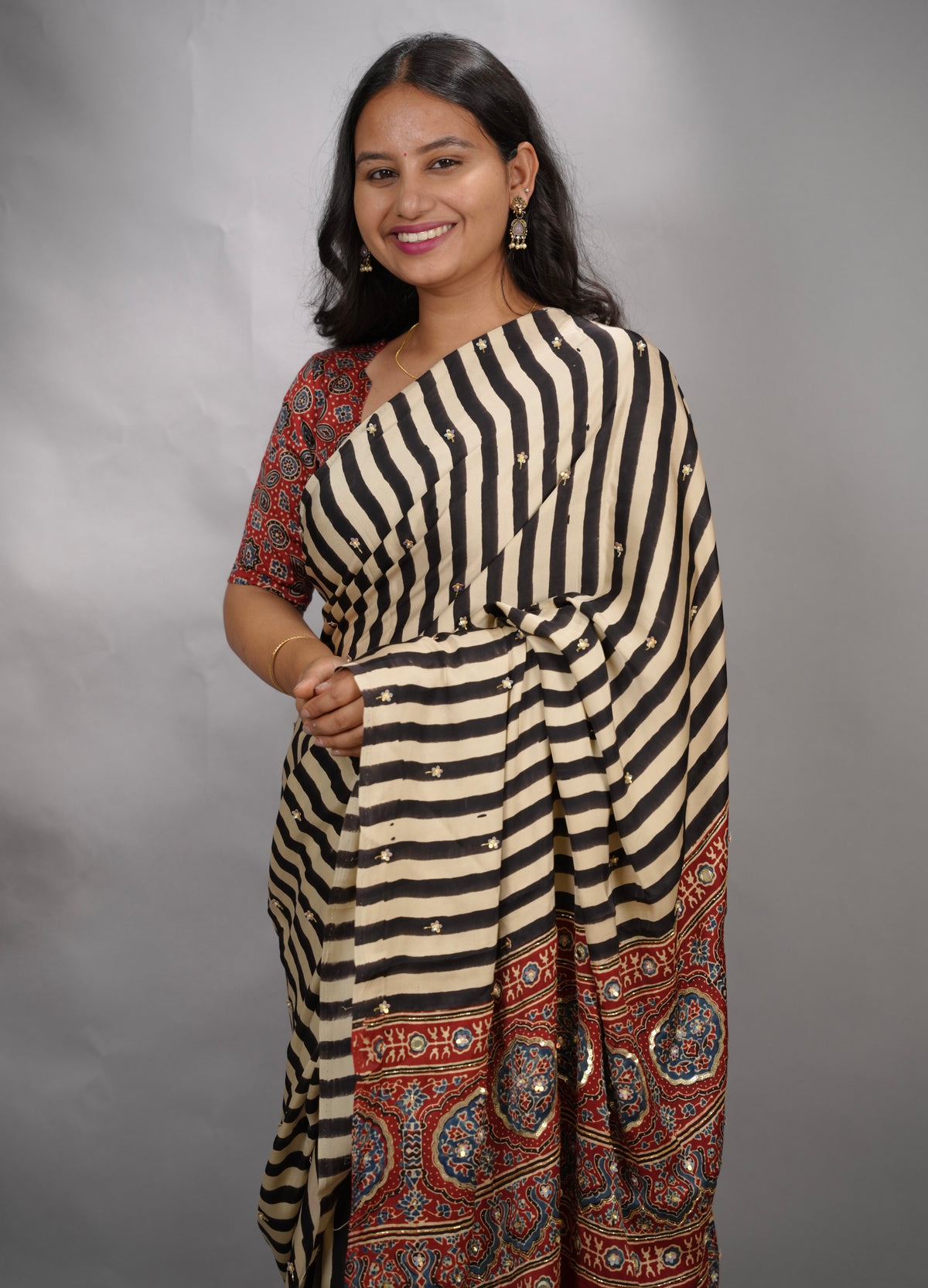 Cream Ajrakh Modal Silk Hand Embroidery Saree | Looms & Tassels