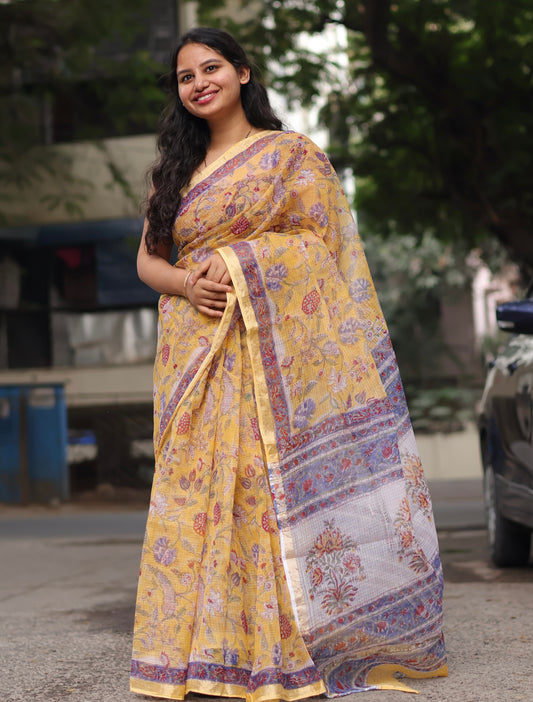 Yellow  Bagru Hand block printed Kota Doriya Saree