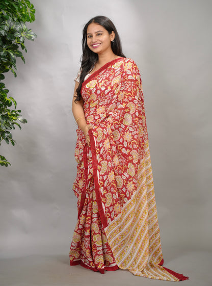 Maroon Georgette Hand Block Printed Saree| Looms & Tassels