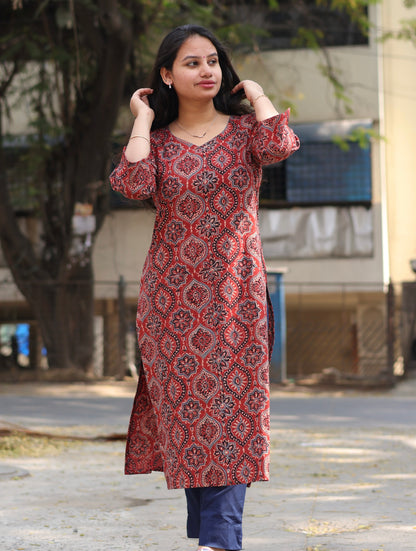Maroon Ajrakh Hand Block Printed Kurti