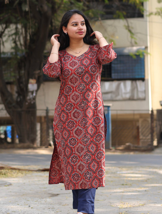 Maroon Ajrakh Hand Block Printed Kurti