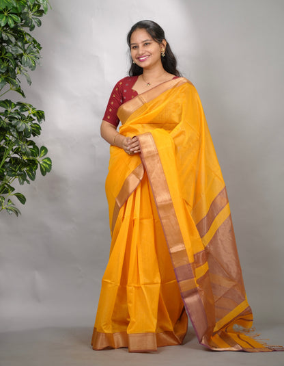 Yellow Checks Handloom Maheswari Silk Cotton Sarees | Looms & Tassels