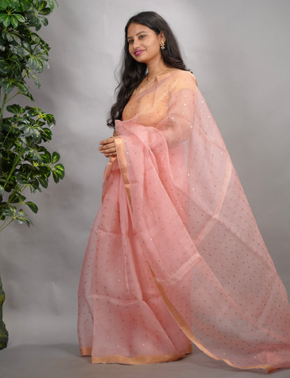 Peach Handwoven Muslin Silk Saree With Sequence Work | Looms & Tassels