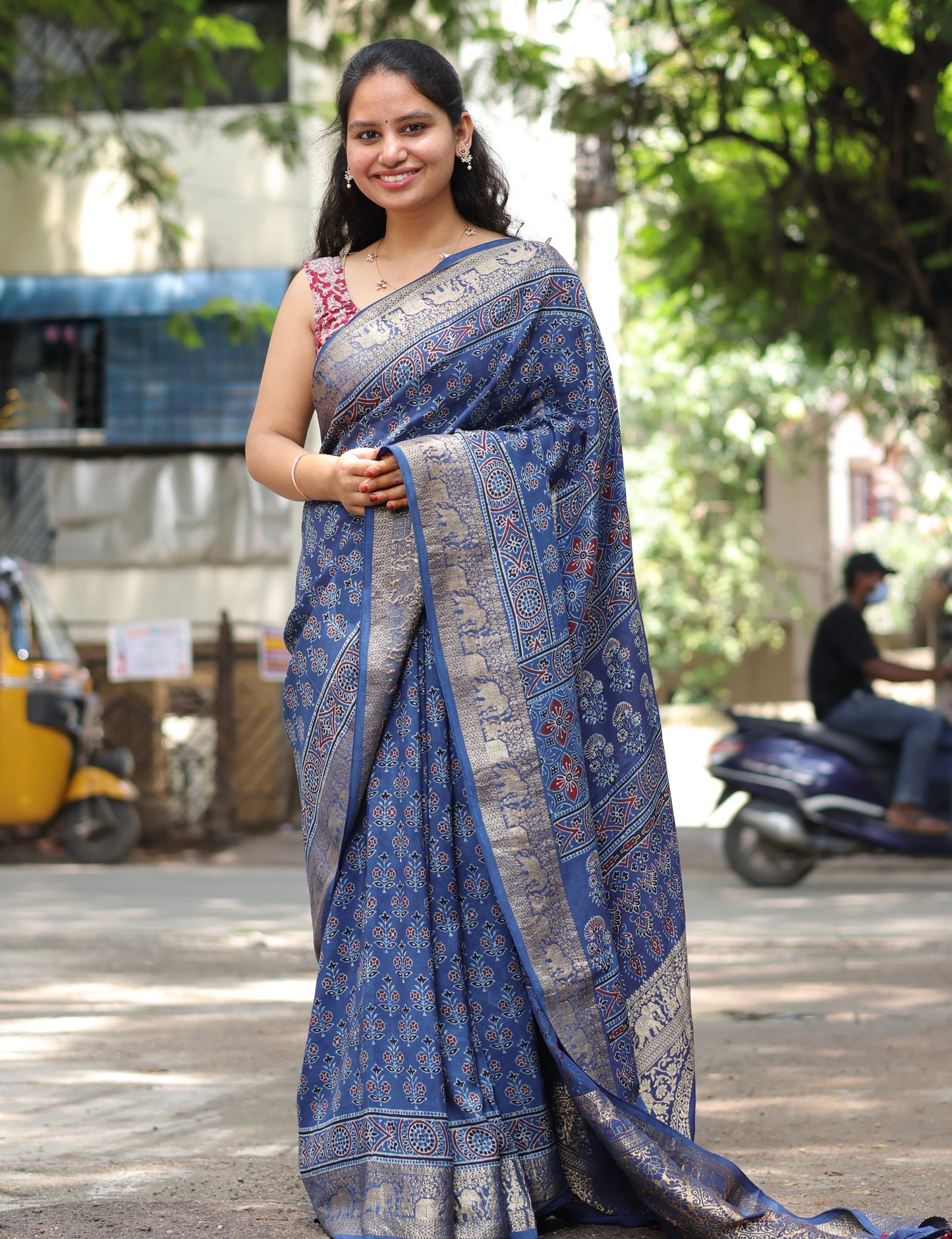 Indigo Ajrakh Dola Silk Saree