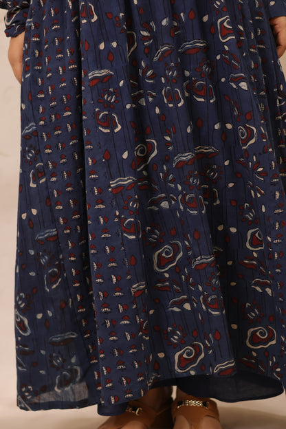 Indigo Ajrakh Hand Block Printed Pure Mul Cotton Aline Kurta | Looms & Tassels
