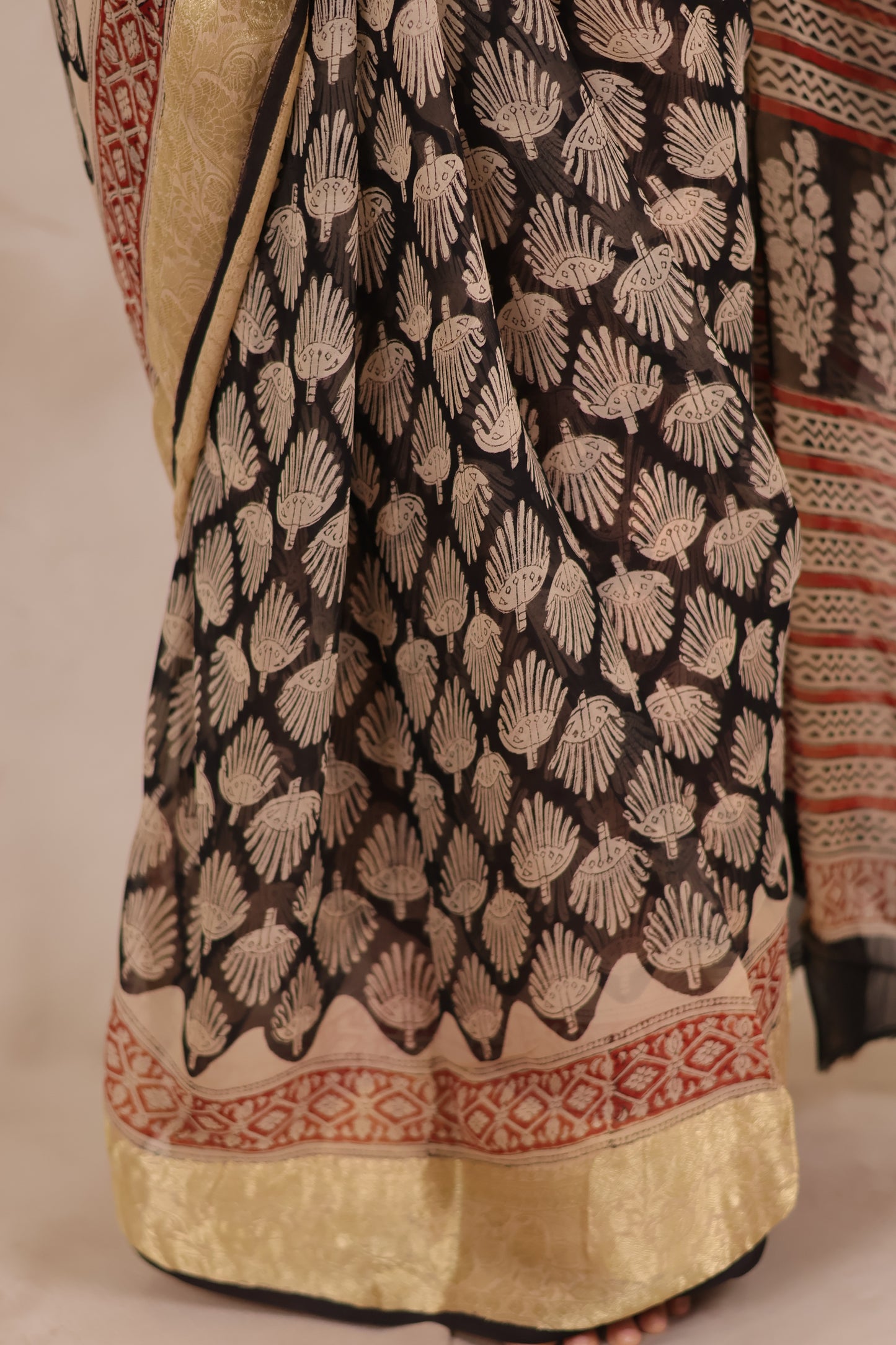 Black Chiffon Hand Block Printed Saree with Jari Border | Looms & Tassels