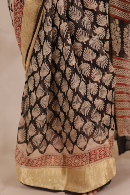 Black Chiffon Hand Block Printed Saree with Jari Border | Looms & Tassels