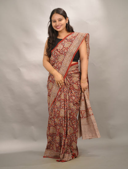 Red Hand Block Printed Kalamkari Cotton Saree | Looms & Tassels