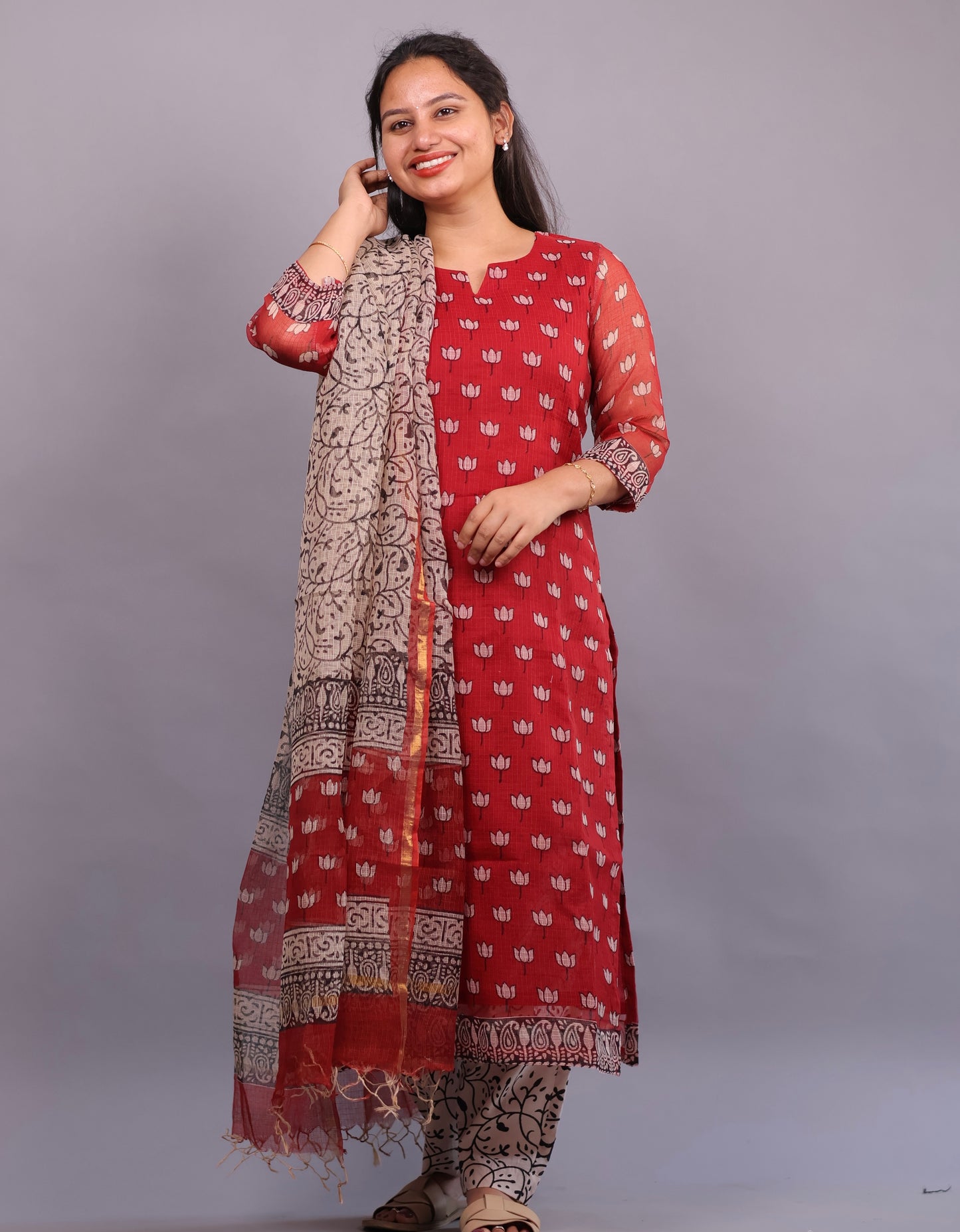 Red Lotus Handblock printed kota 3 piece suit (stitched)