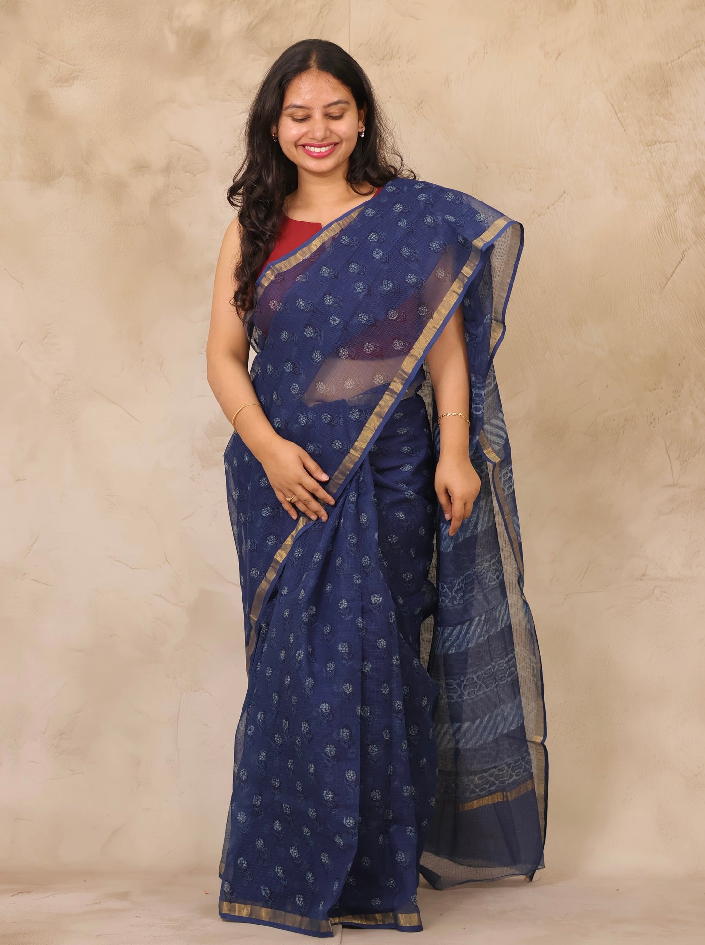 Dark Blue Pure Kota Doria Saree with Bagru Handblock Prints | Looms & Tassels