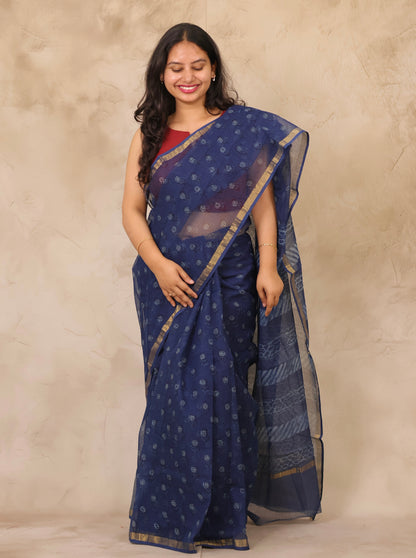Dark Blue Pure Kota Doria Saree with Bagru Handblock Prints | Looms & Tassels