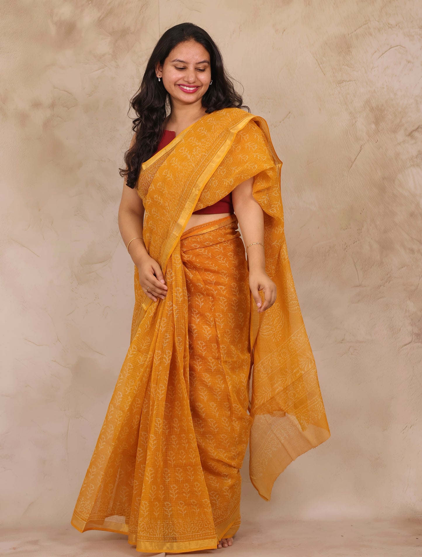 Yellow Pure Kota Doria Saree with Bagru Handblock Prints | Looms & Tassels