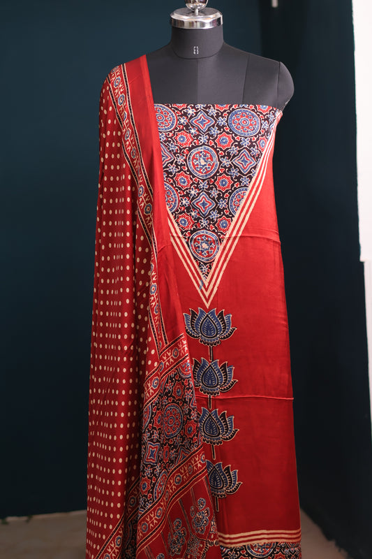 Red Handblock printed Ajrakh modal silk 2 piece suit set