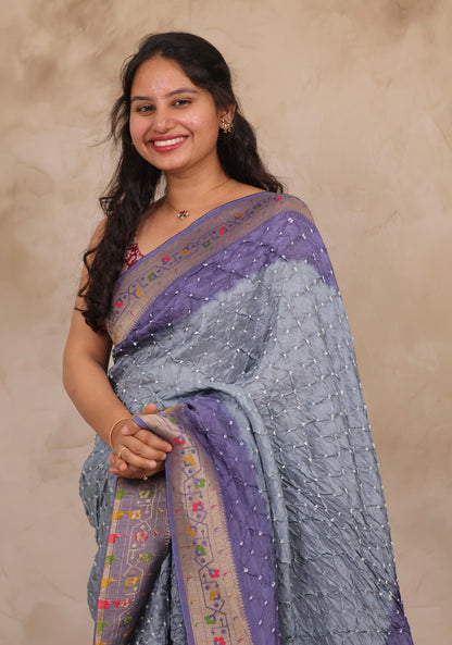 Blue & Grey Handcrafted Bandhani Paithani Dola Silk Saree | Looms & Tassels