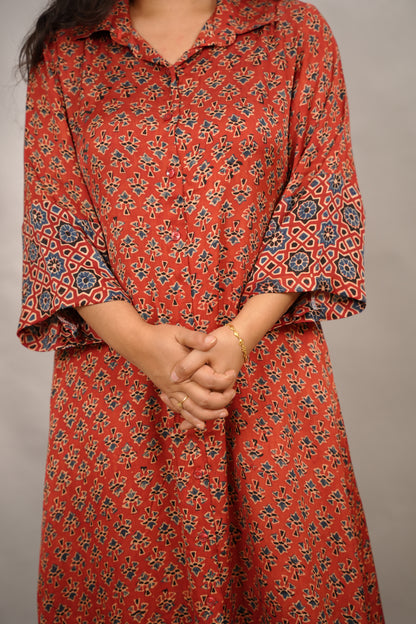 Red Ajrakh Modal Silk Aline Shirt Dress | Looms & Tassels