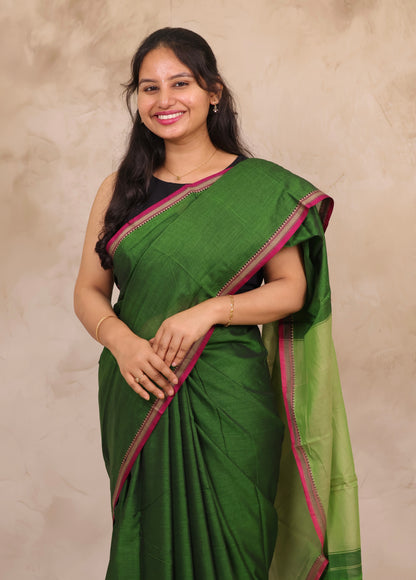 Green Narayanpet Cotton Saree | Looms & Tassels