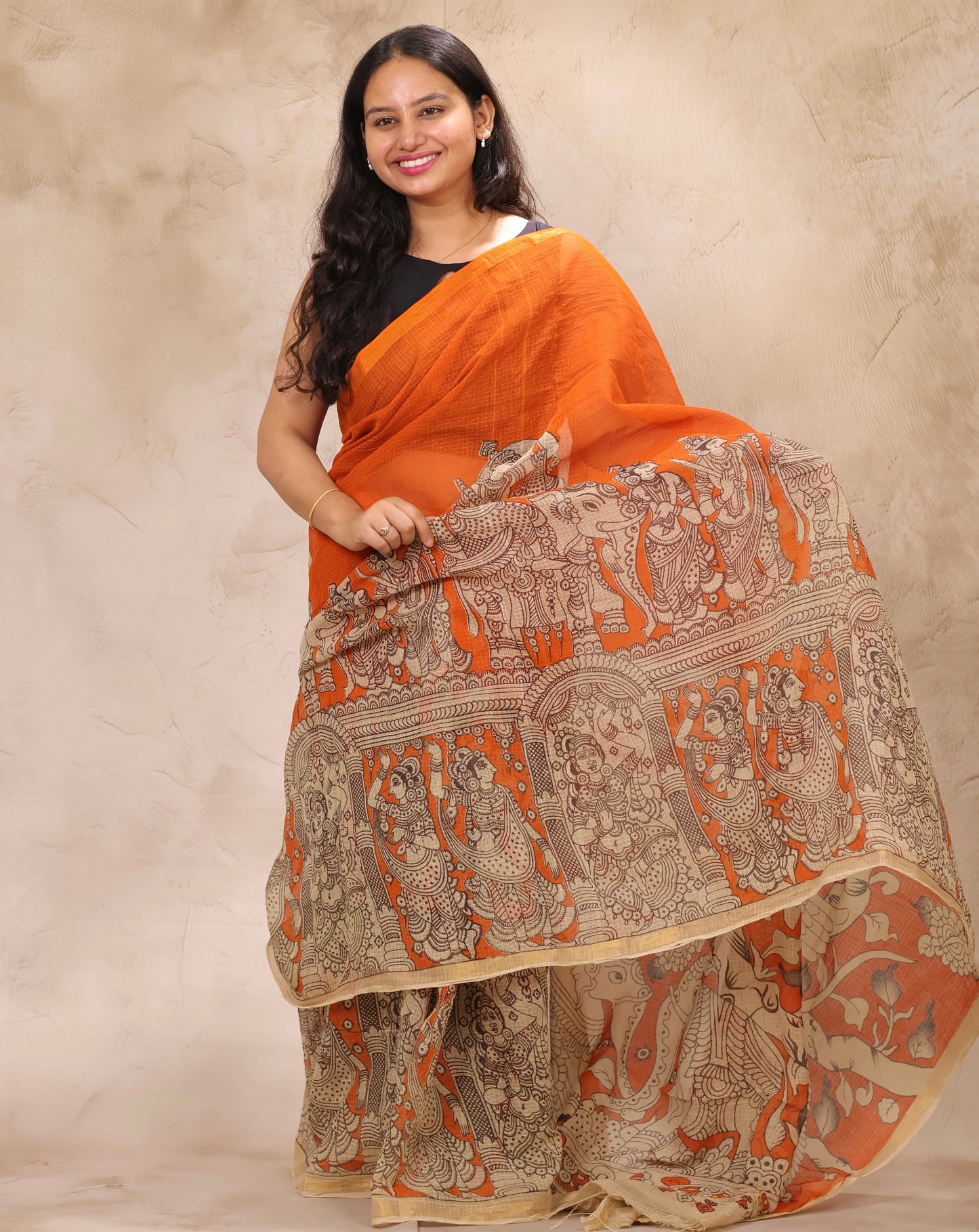 Orange Kota Doria Saree with Kalamkari Handblock Prints | Looms & Tassels