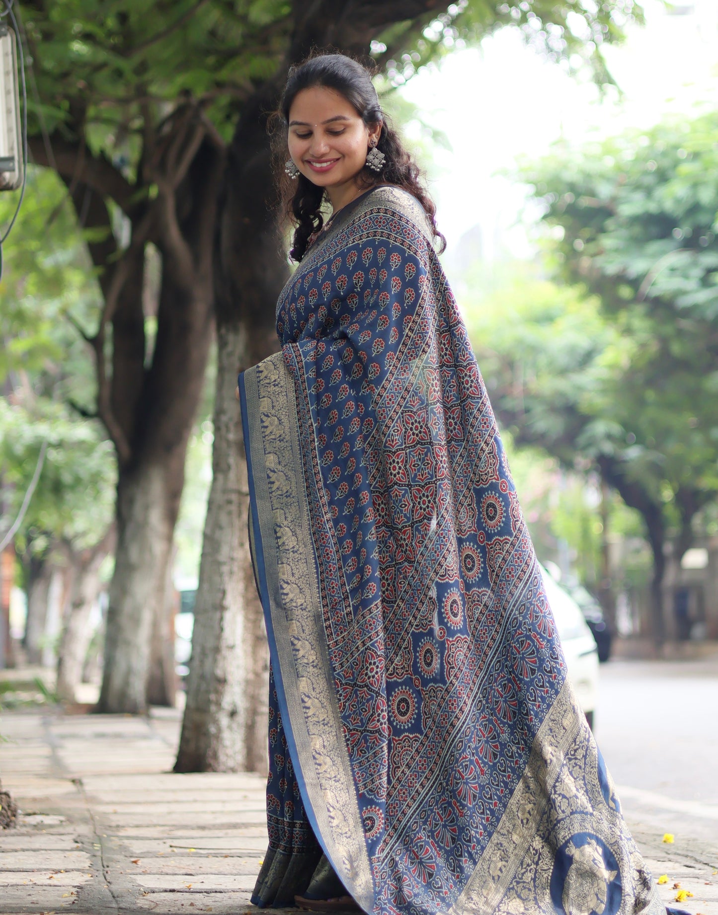 Blue Ajrakh Dola Silk Saree