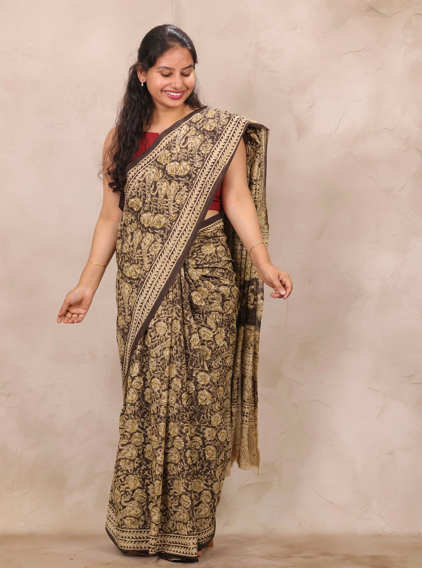 Black Hand Block Printed Kalamkari Cotton Saree | Looms & Tassels