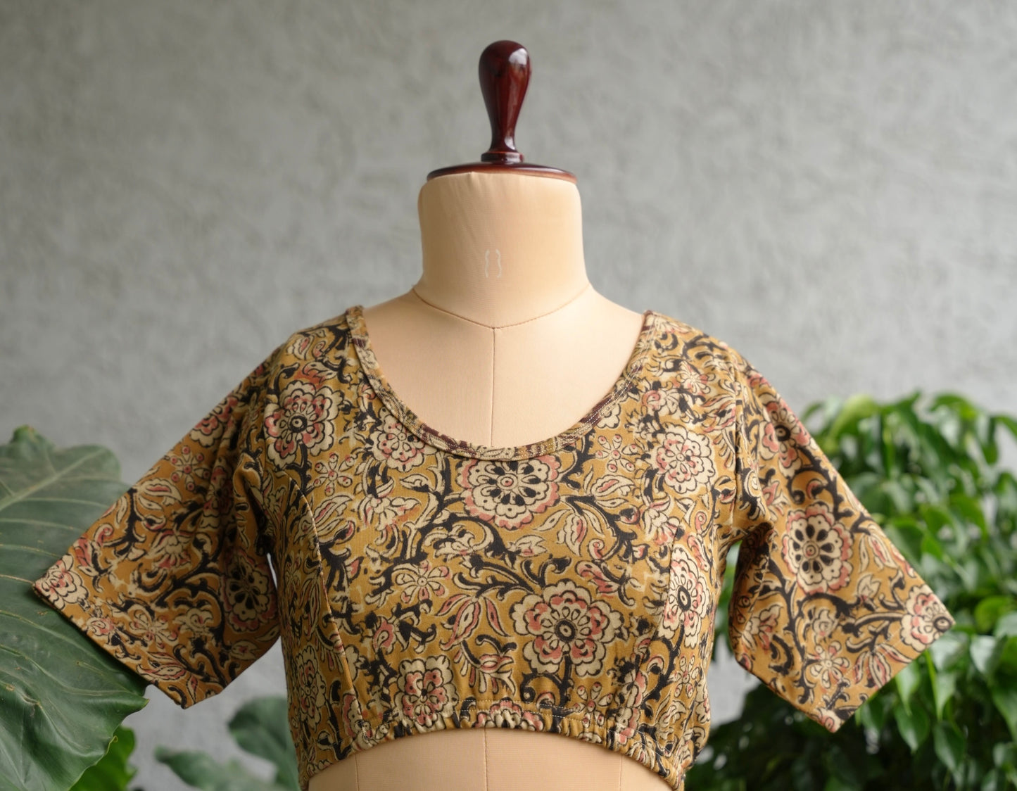 Mustard Round Neck Stretchable Hand block printed kalamkari blouse