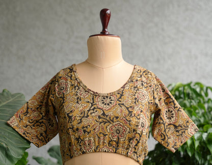 Mustard Round Neck Stretchable Hand block printed kalamkari blouse