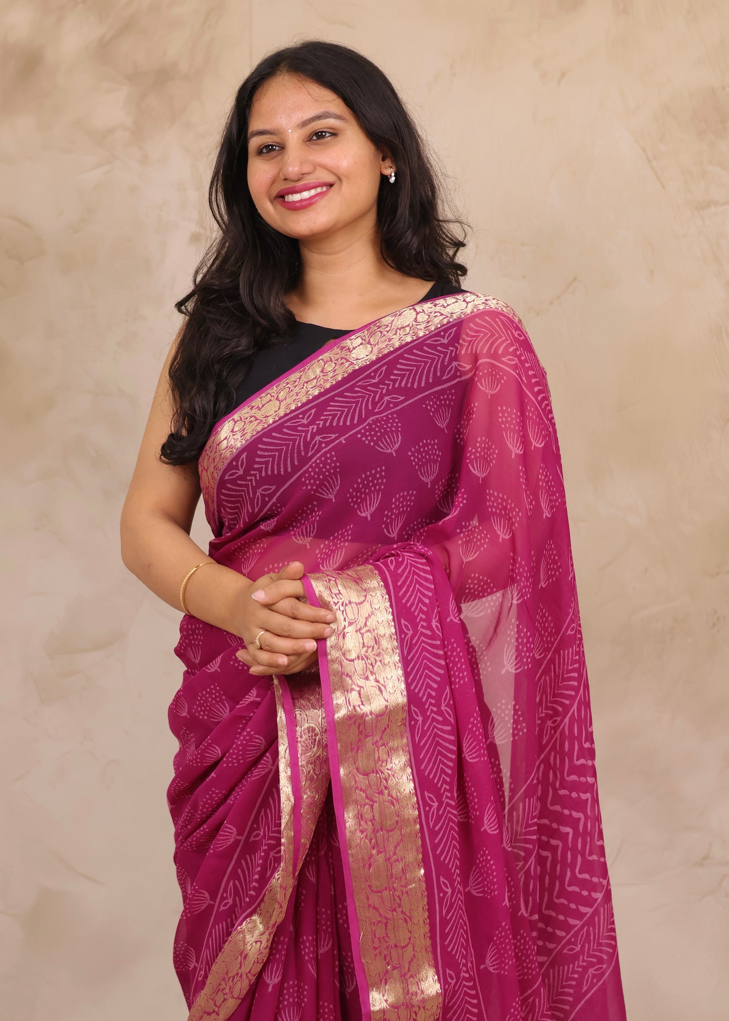 Magenta Pink Chiffon Hand Block Printed Saree with Jari Border | Looms & Tassels