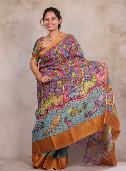 Hand Drawn Pen Kalamkari Lavender And Gold yellow Bangalore Silk Kanchi Border Saree | Looms & Tassels