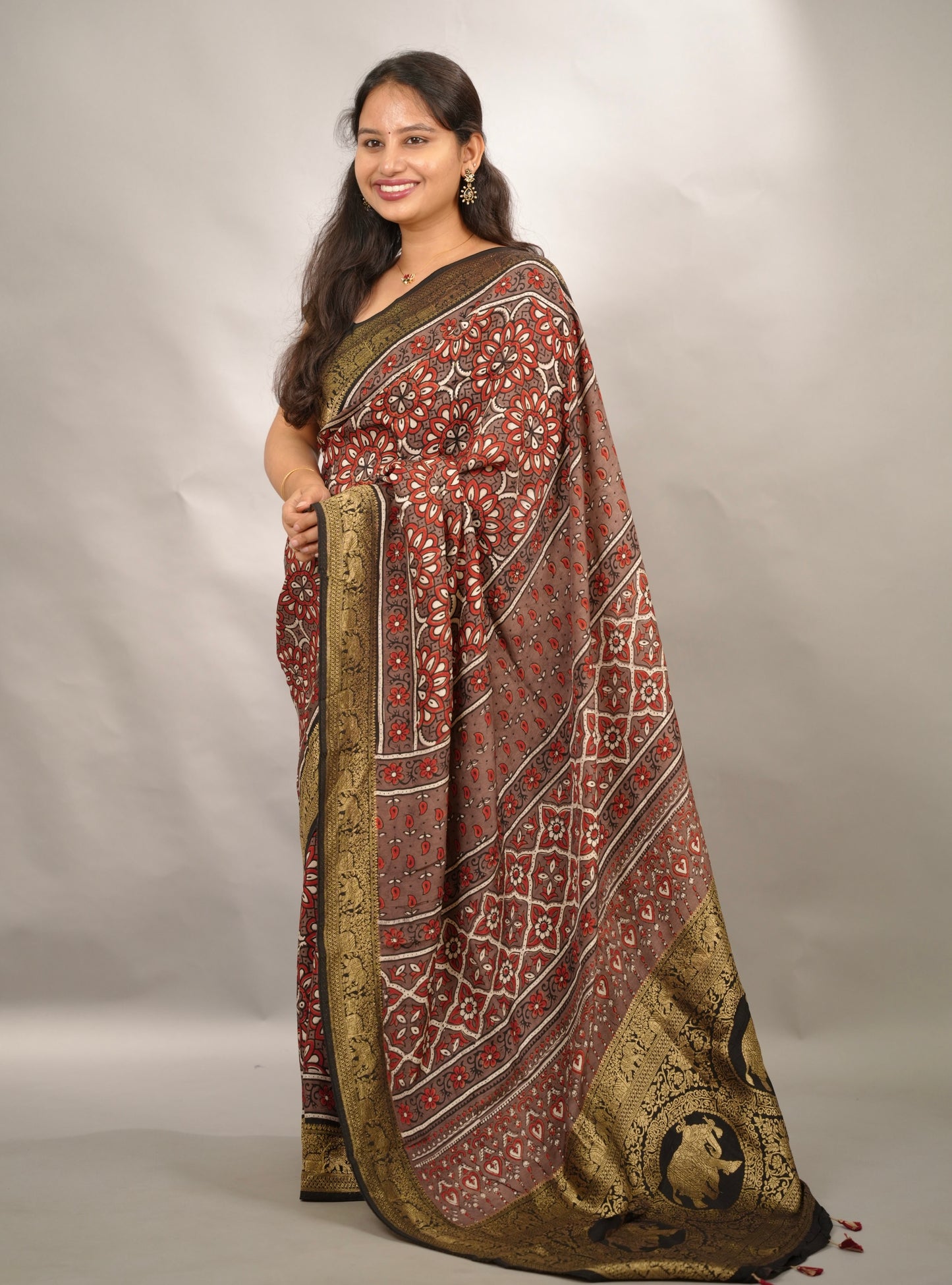 Ajrakh Handblock printed Dola Silk Saree | Looms & Tassels