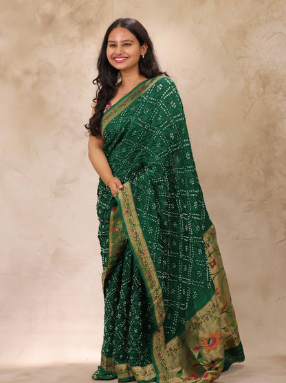 Green Handcrafted Pattern Bandhani Paithani Dola Silk Saree | Looms & Tassels
