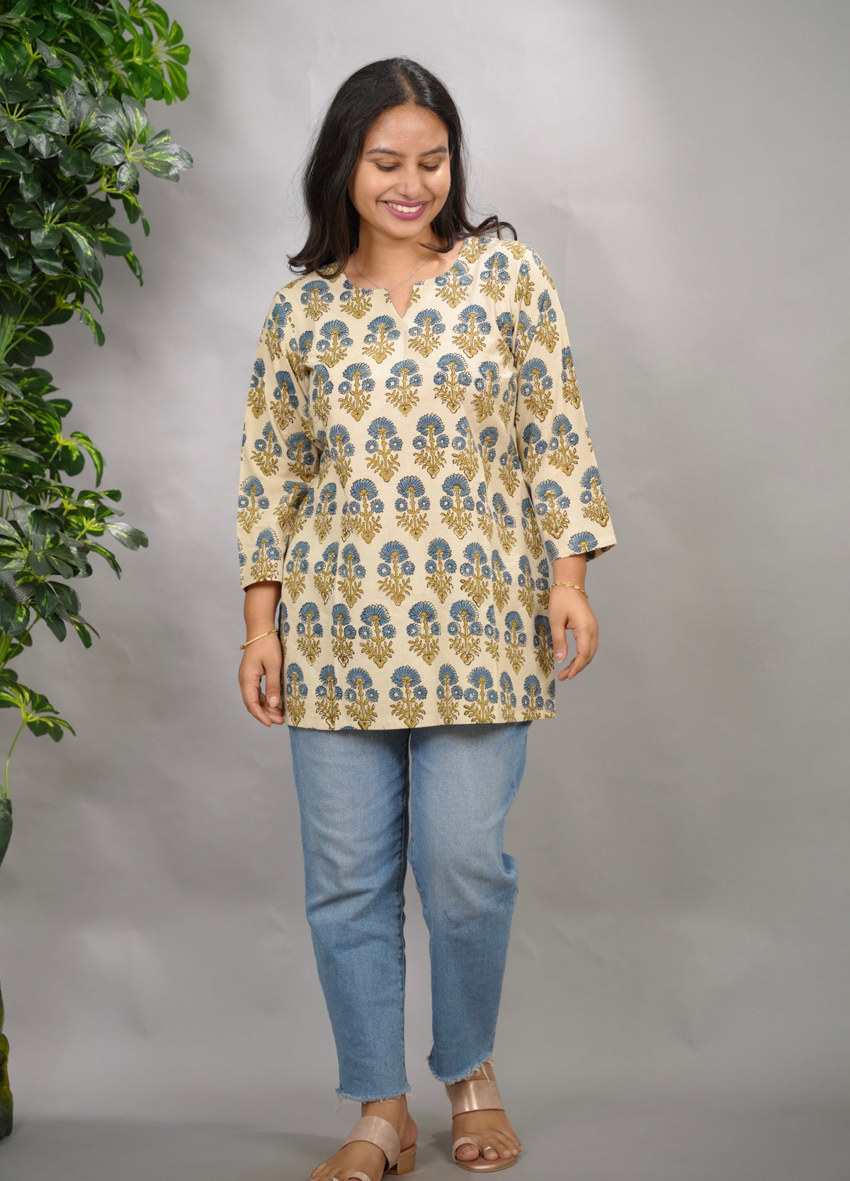 Cream Ajrakh Hand Block Printed Short Top
