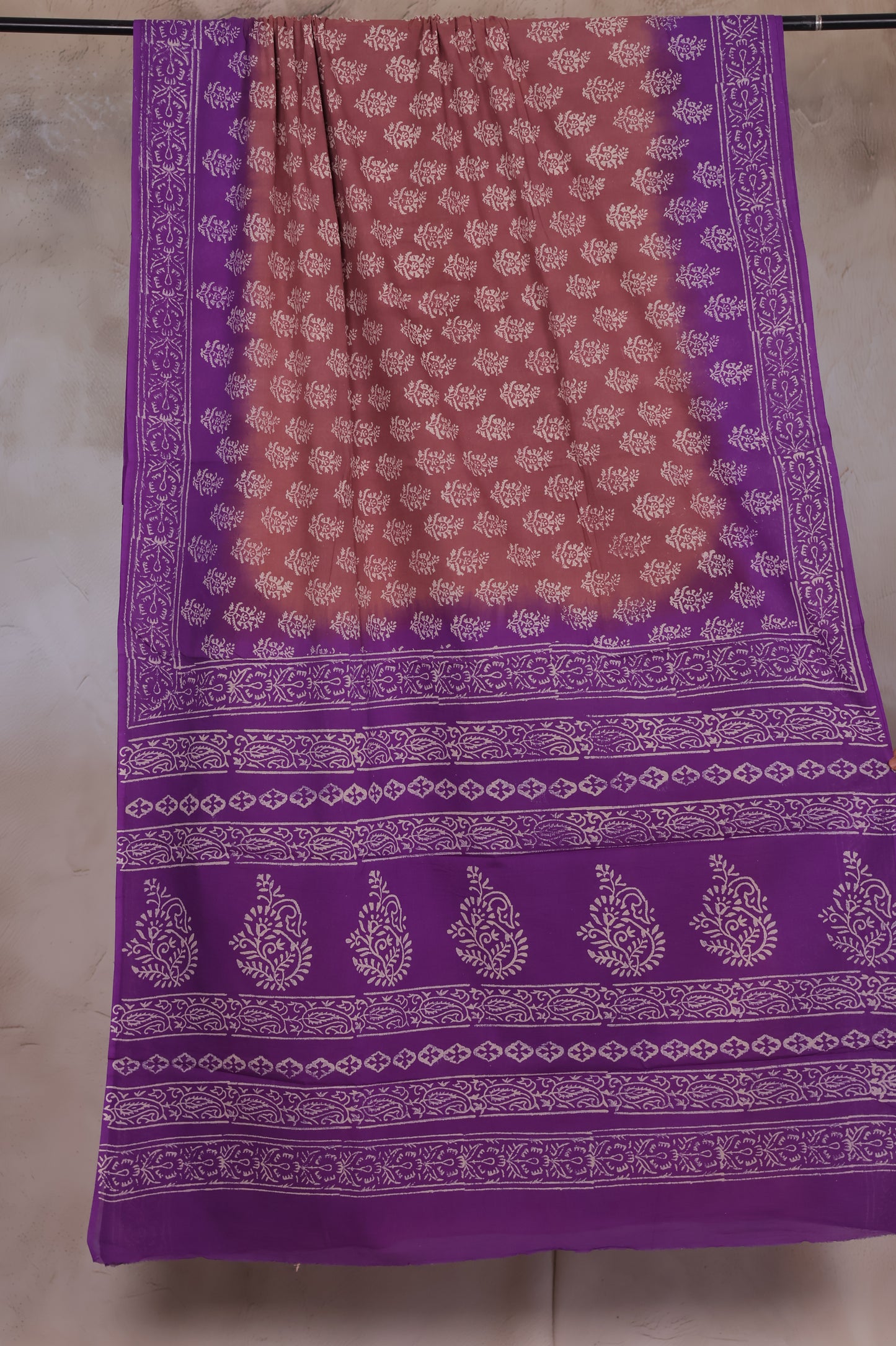 Dusty Rose And  purple Handblock printed MulMul cotton saree