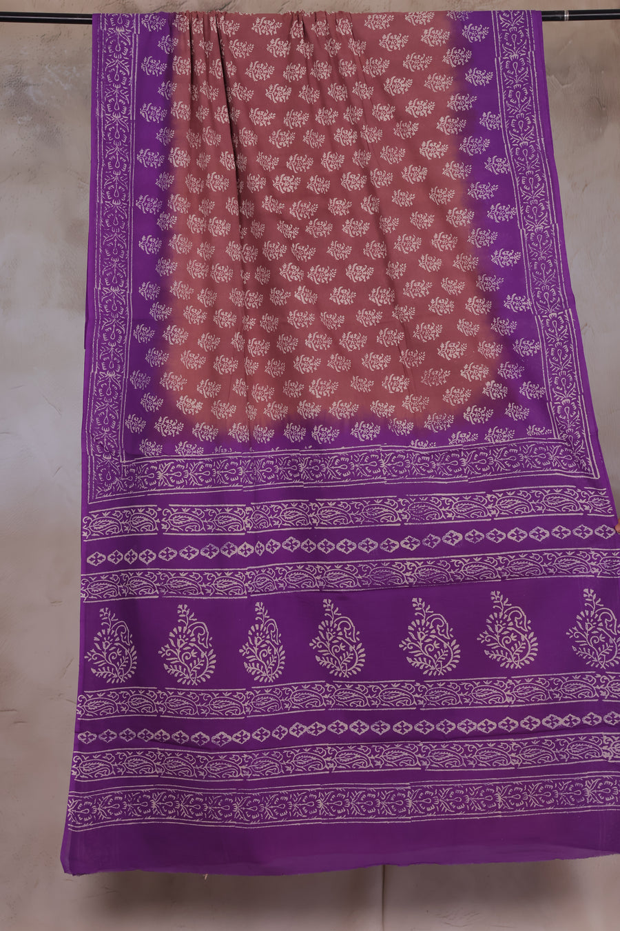 Dusty Rose And  purple Handblock printed MulMul cotton saree | Looms & Tassels