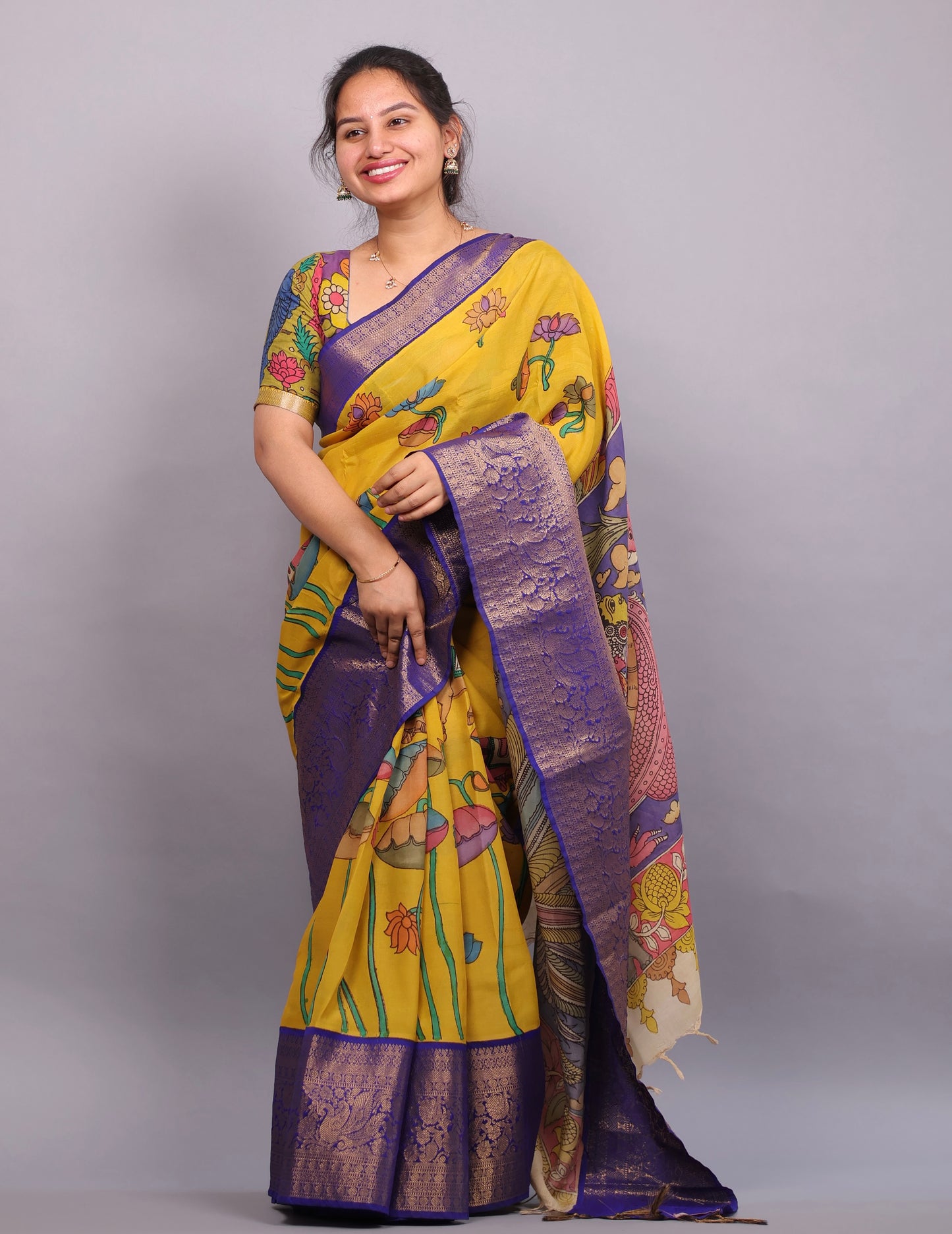 Yellow Hand Painted Pen Kalamkari Silk Saree