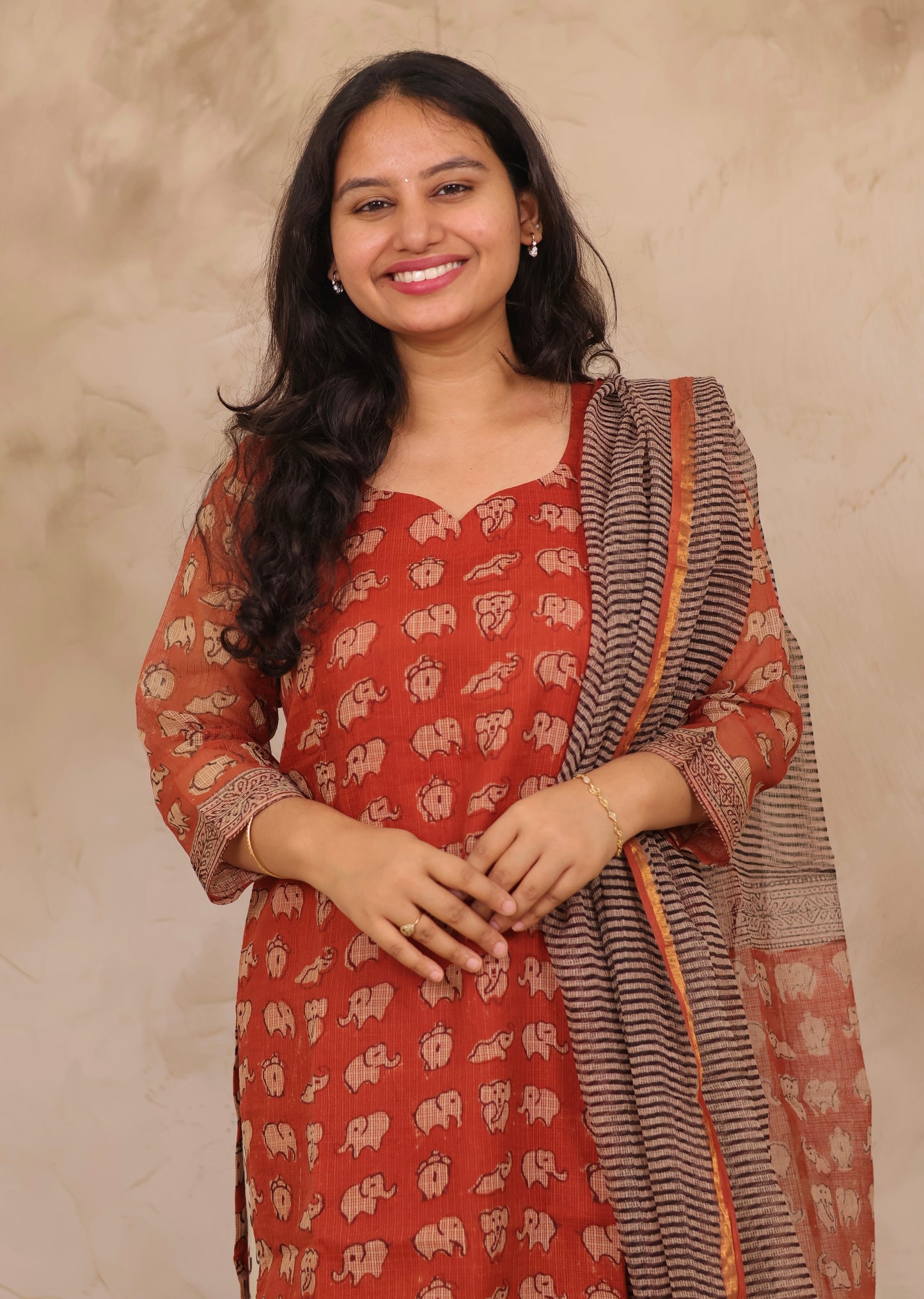 Red Elephant Handblock printed kota 3 piece suit (stitched)