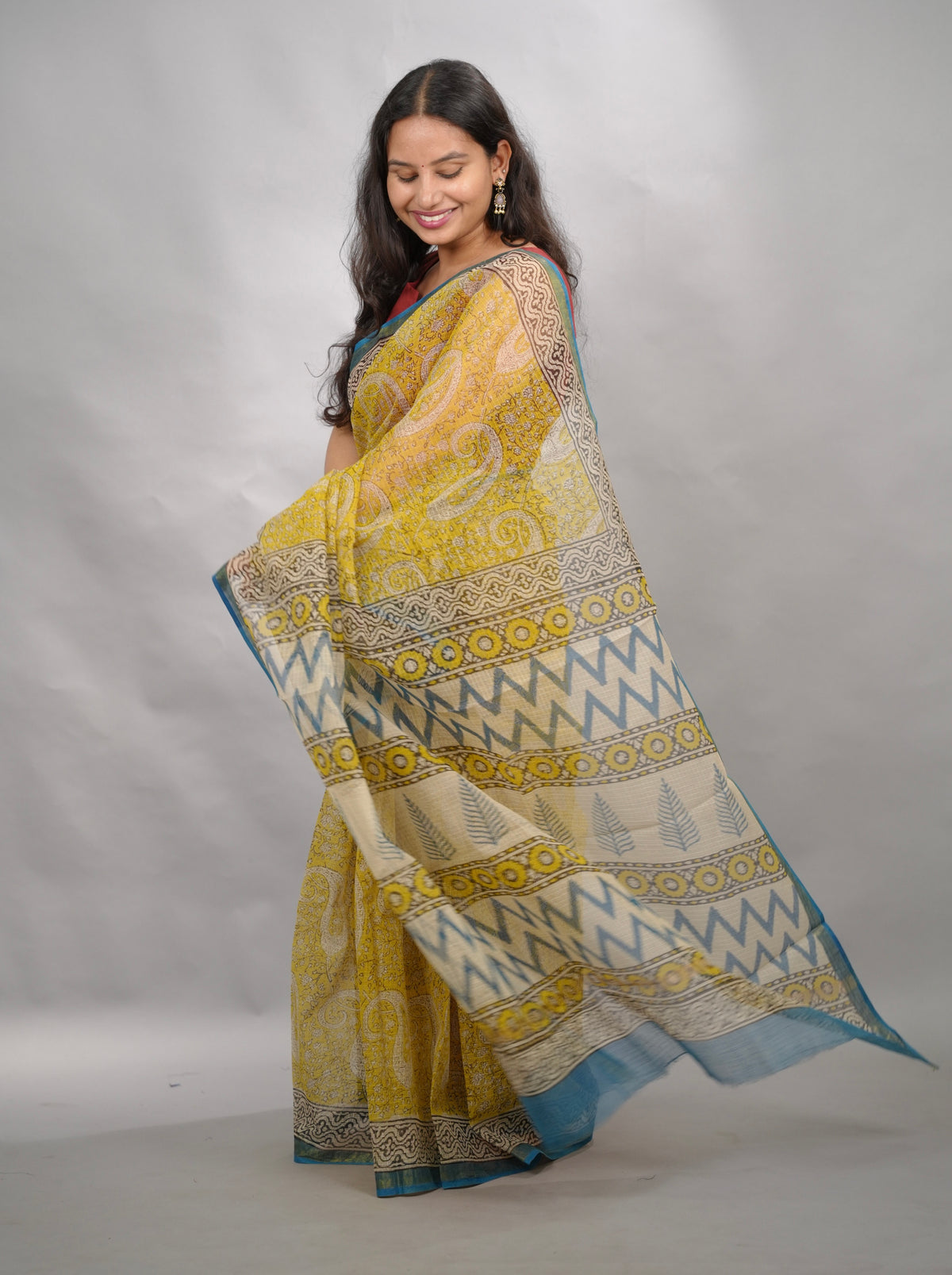 Yellow Pure Kota Doria Saree with Bagru Handblock Prints | Looms & Tassels