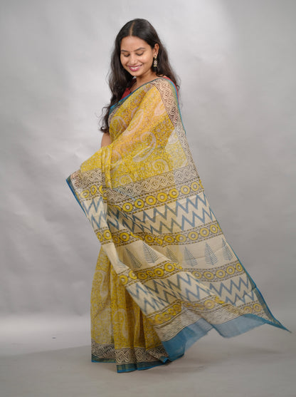 Yellow Pure Kota Doria Saree with Bagru Handblock Prints | Looms & Tassels