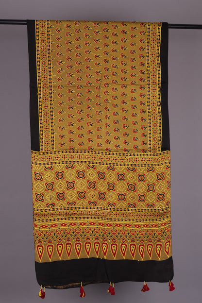 Mustard Ajrakh Hand Block Printed Modal Silk Stole | Looms & Tassels