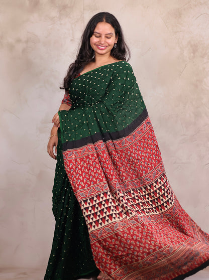Bottle Green Hand Knotted Bandhej Modal Silk Saree with Ajrakh Pallu | Looms & Tassels