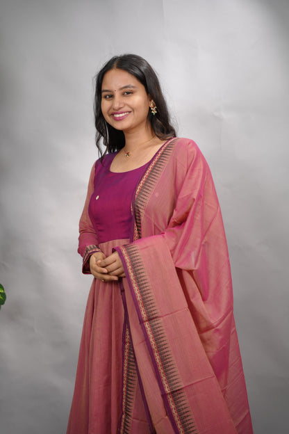 Duel shade Narayanpet Cotton Anarkali Dress with Narayanpet Dupatta | Looms & Tassels