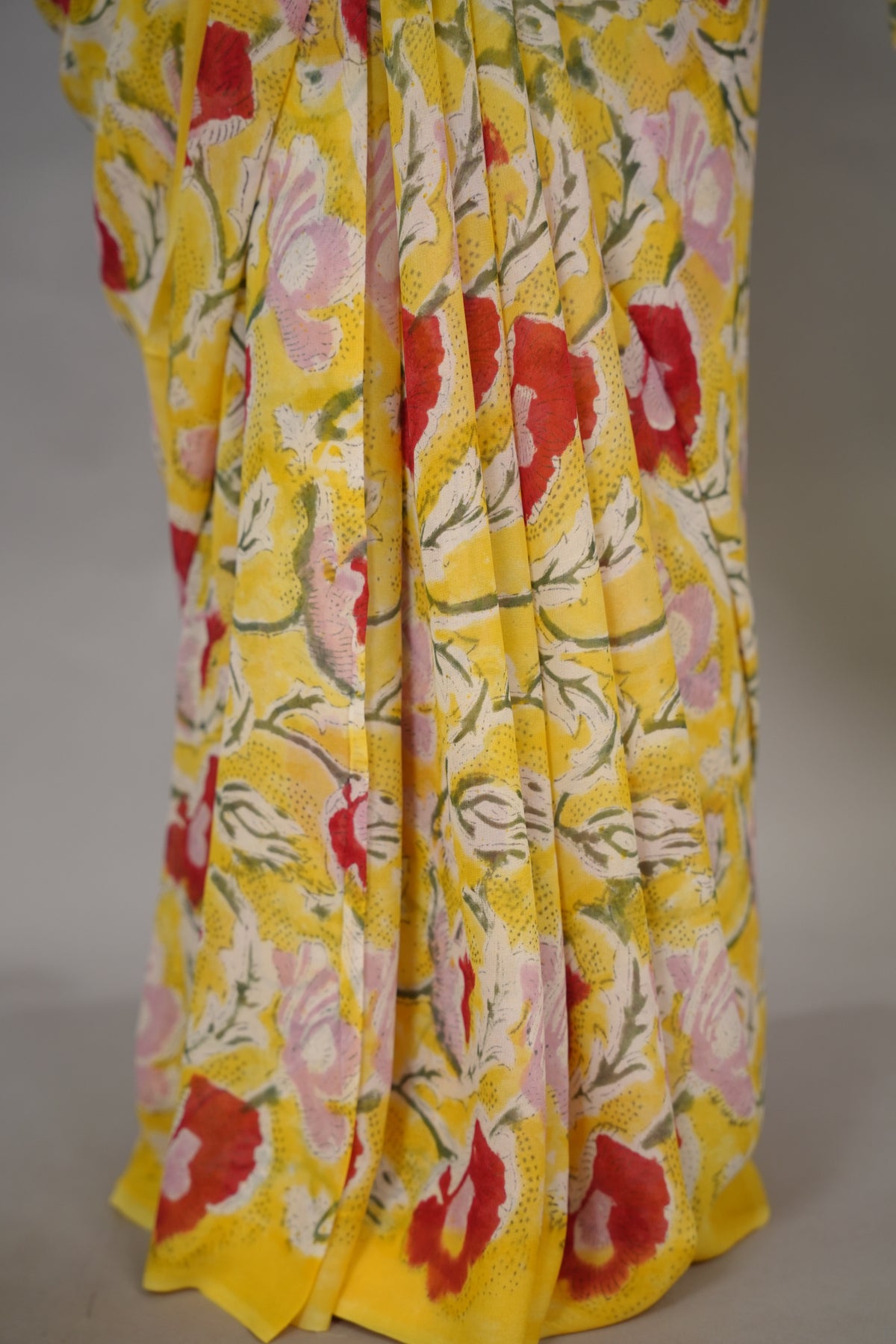 Yellow Georgette Hand Block Printed Saree| Looms & Tassels