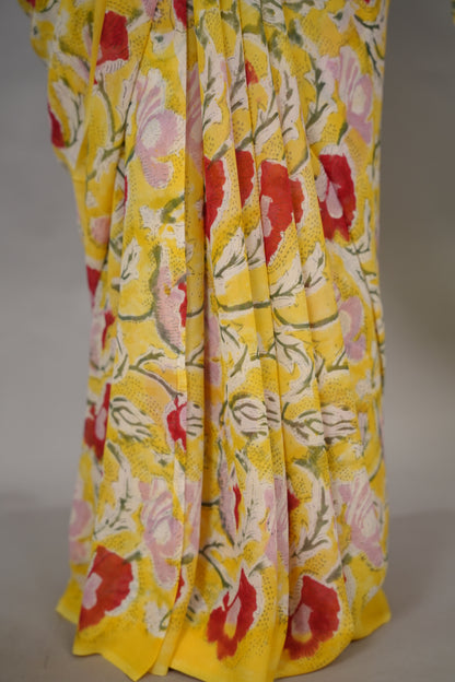 Yellow Georgette Hand Block Printed Saree| Looms & Tassels