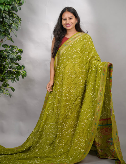 Olive Green Handcrafted Pattern Bandhani Paithani Dola Silk Saree | Looms & Tassels
