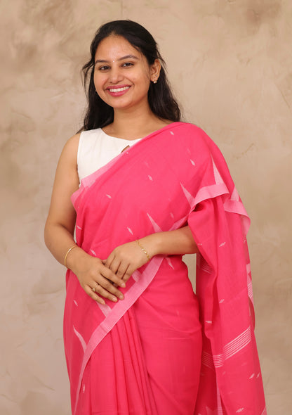 Pink Handwoven Malai Cotton Saree| Looms & Tassels