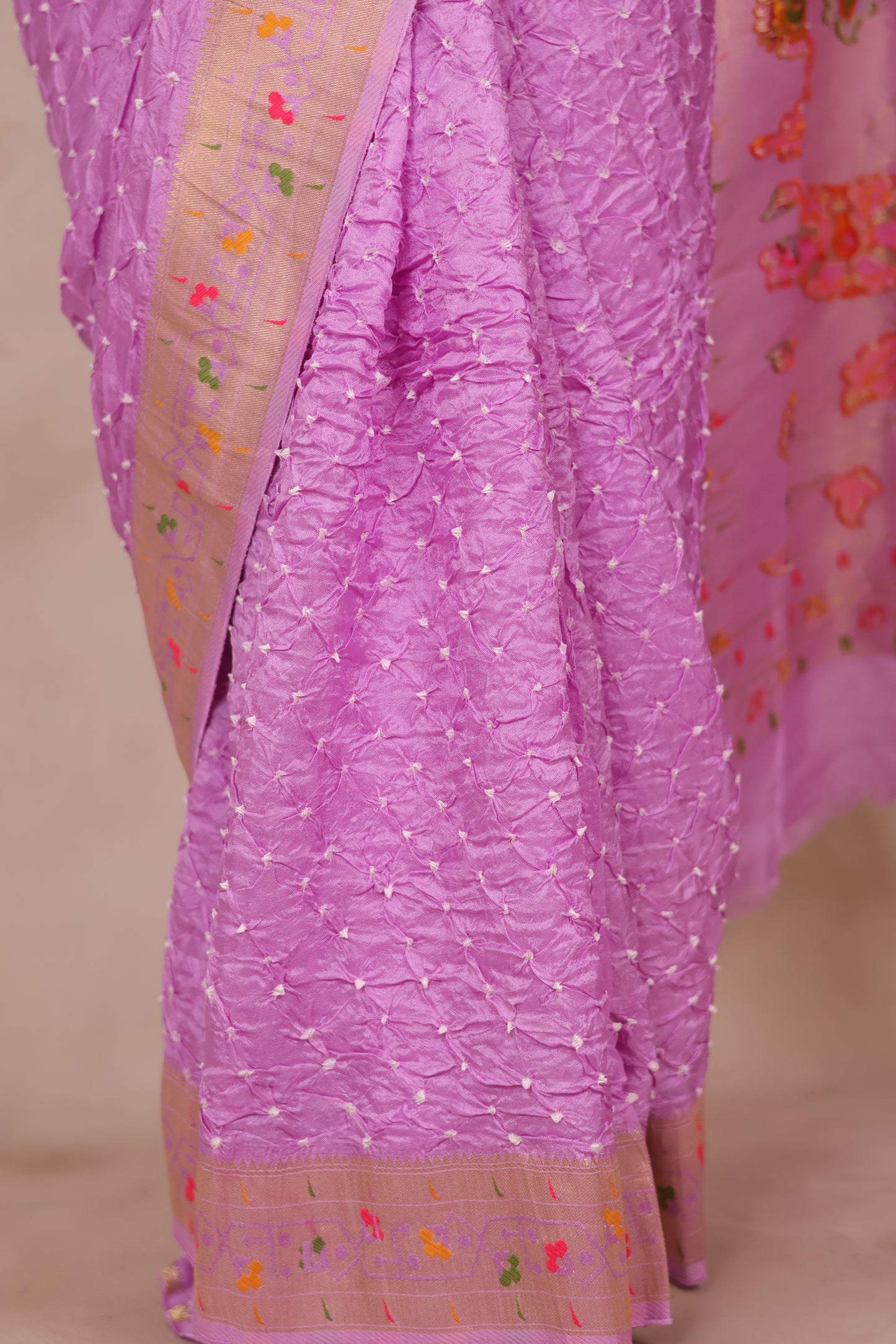 Orchid Pink Handcrafted Bandhani Paithani Dola Silk Saree | Looms & Tassels