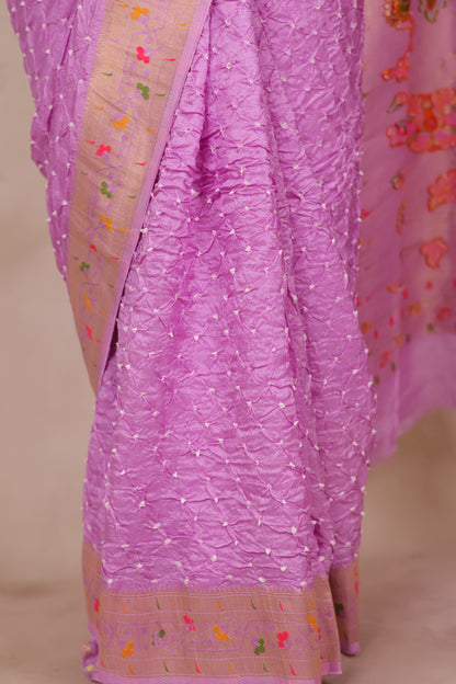 Orchid Pink Handcrafted Bandhani Paithani Dola Silk Saree | Looms & Tassels